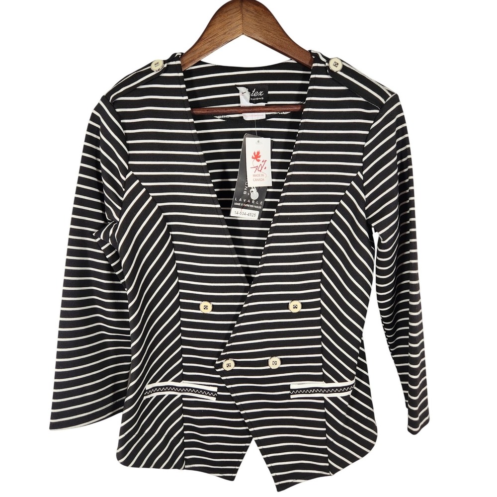 NWT Vintage Artex Fashions Black White Stripe Double Breasted Stretch Blazer‎ M